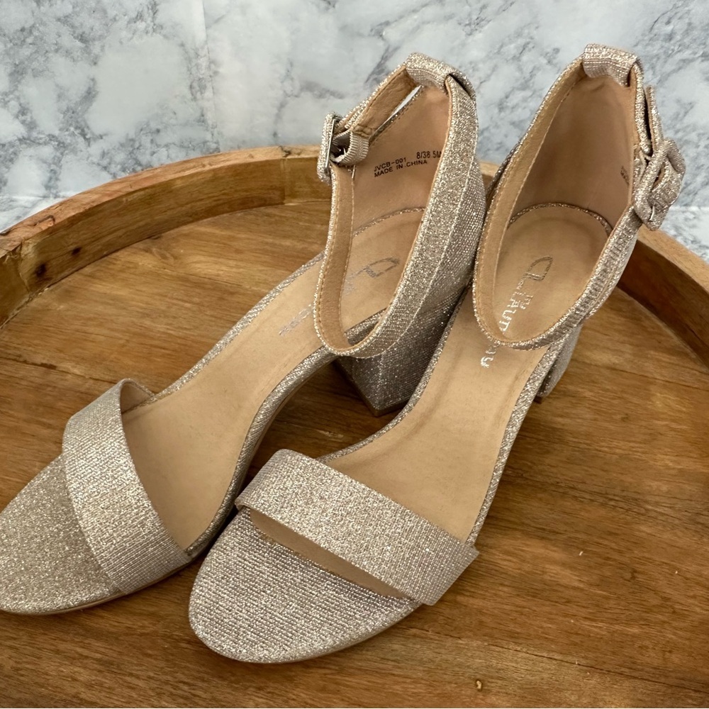 CL by Laundry Jody Sandals 8.5‎ Gold Glitter Block Heel Ankle Strap